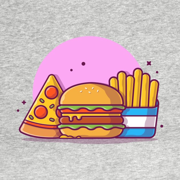 Burger with Slice of Pizza and French Fries Cartoon Vector Icon Illustration by Catalyst Labs